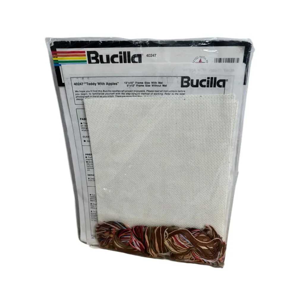 BUCILLA Vintage Teddy With Apples #40247 New Opened Counted Cross Stitch Kit